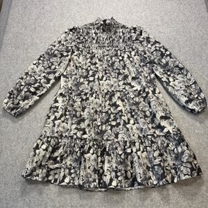 Women's Cinq a Sept Black and Cream Floral Smocked Dress Size 6